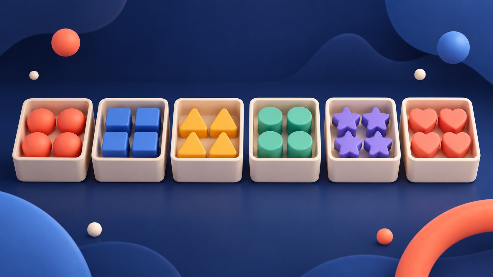 A tidy row of six toy boxes filled with colorful shapes.