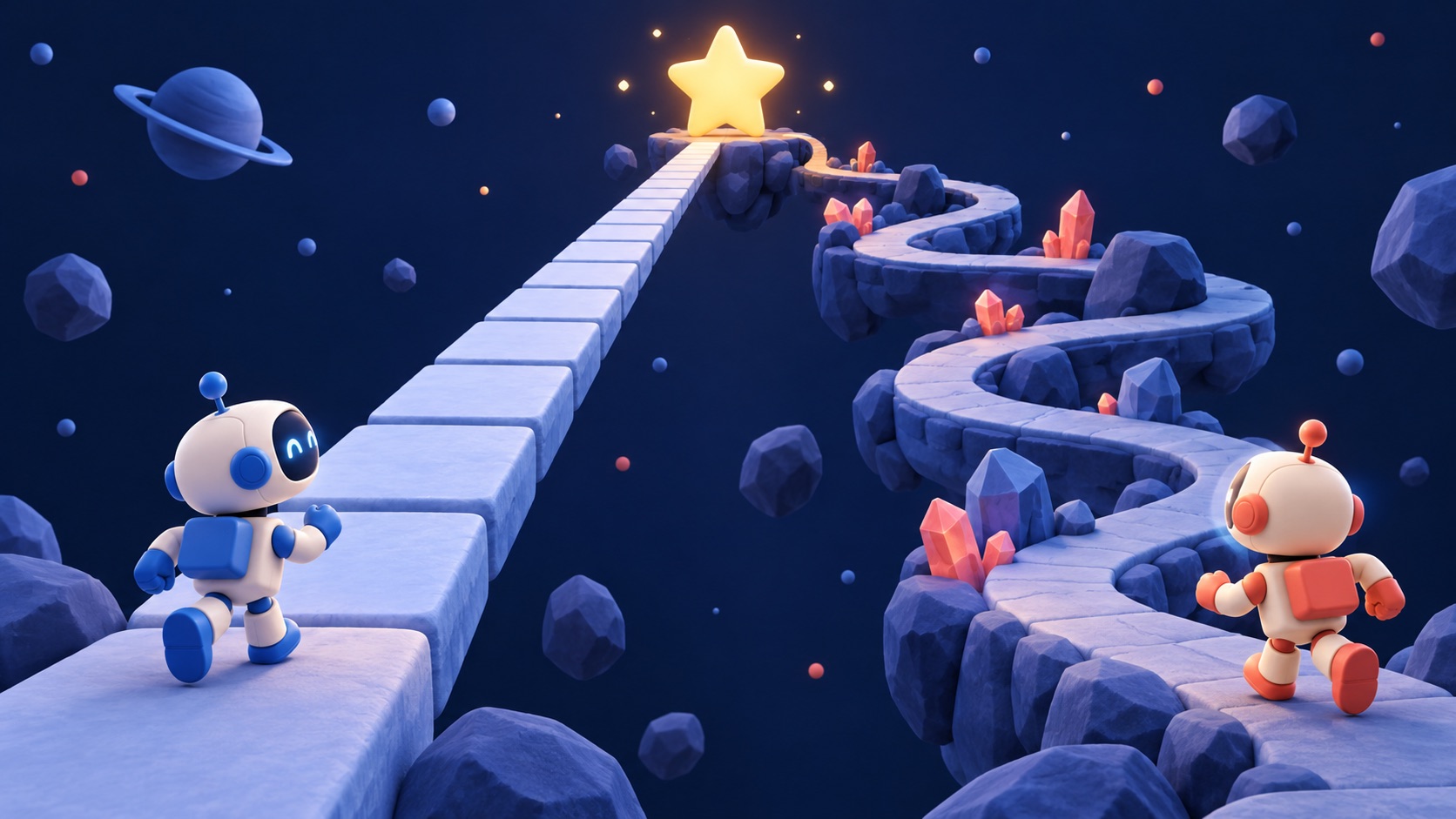 Two small robots take a short path and a long winding path toward the same star.