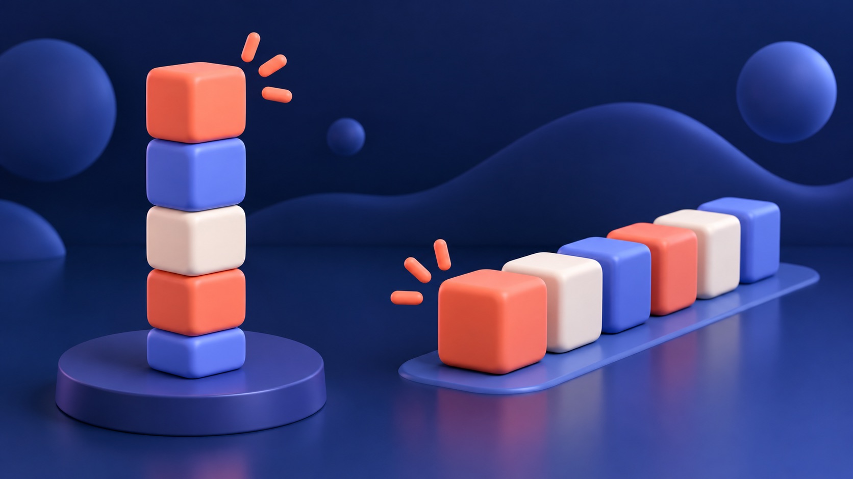 Toy cubes shown as a vertical pile and as a waiting line.
